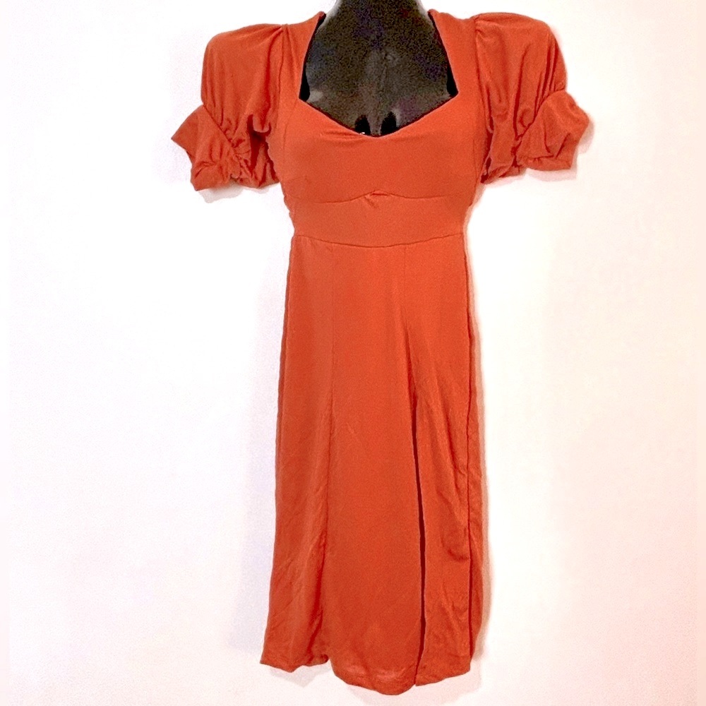 Orange Midi Dress with Puffy Sleeves NWOT